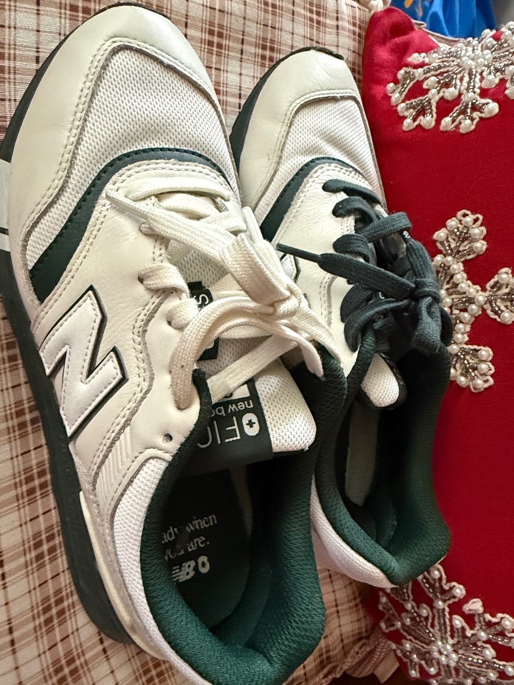 New Balance White and Dark Green Kids Sneakers